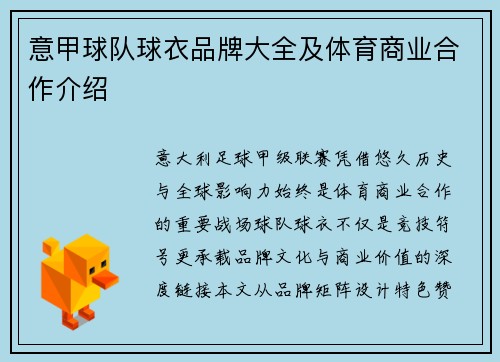 意甲球队球衣品牌大全及体育商业合作介绍